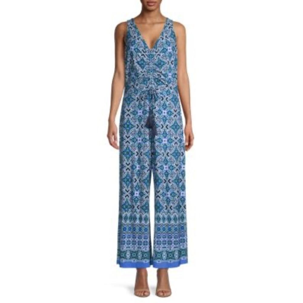 TOMMY BAHAMA Nassau Print Tassel Jumpsuit in Blues, Green, White Womens Sz Large